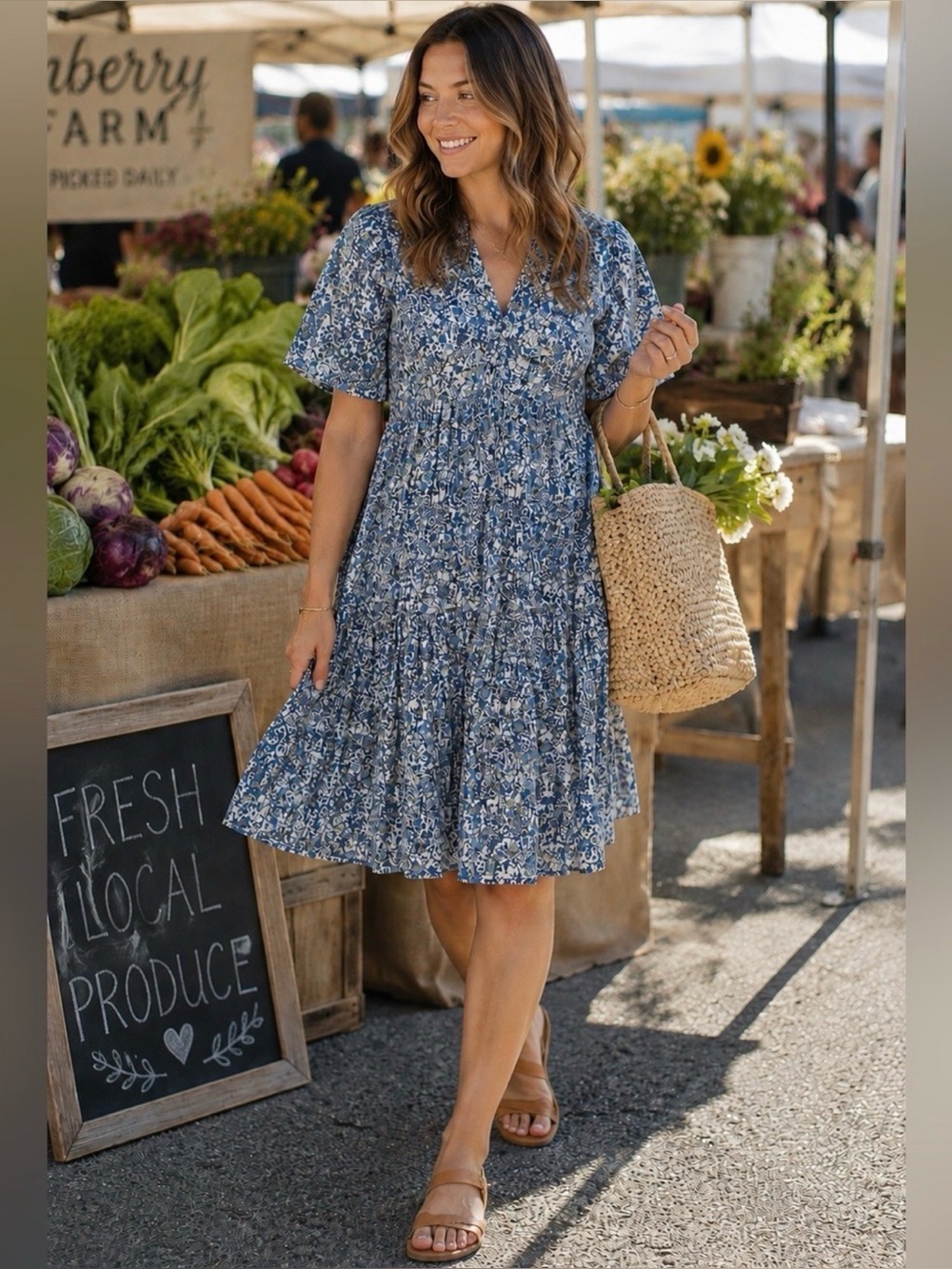 Indi & Cold Anthropologie Blue Floral Tiered Dress Large Pockets Boho